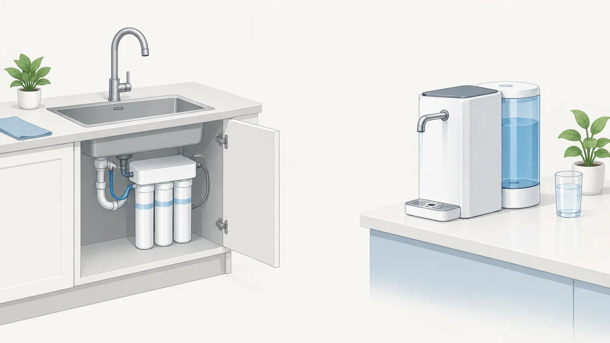 Illustration comparant un système de filtration sous évier et un appareil de comptoir. Image