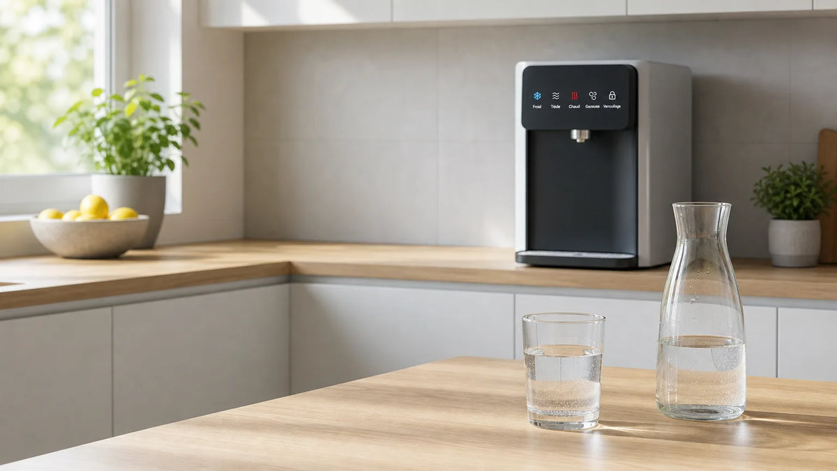 Système domestique de filtration de l’eau dans une cuisine lumineuse