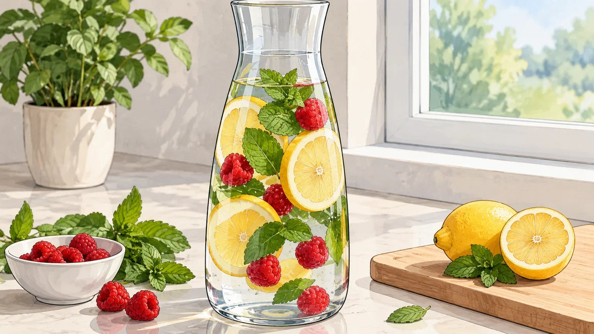Carafe d’eau avec rondelles de citron, feuilles de menthe et framboises. Image