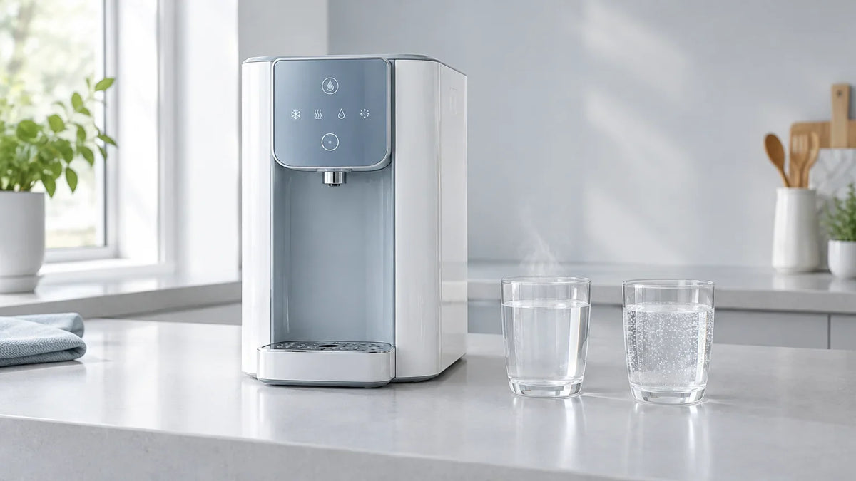 Appareil domestique de filtration près d’un verre d’eau chaude et d’un verre d’eau pétillante