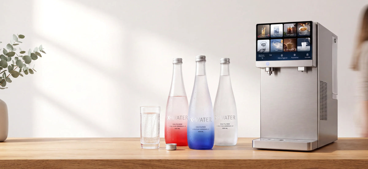 Distributeur de comptoir à écran tactile près de bouteilles en verre et d’un petit verre. Image