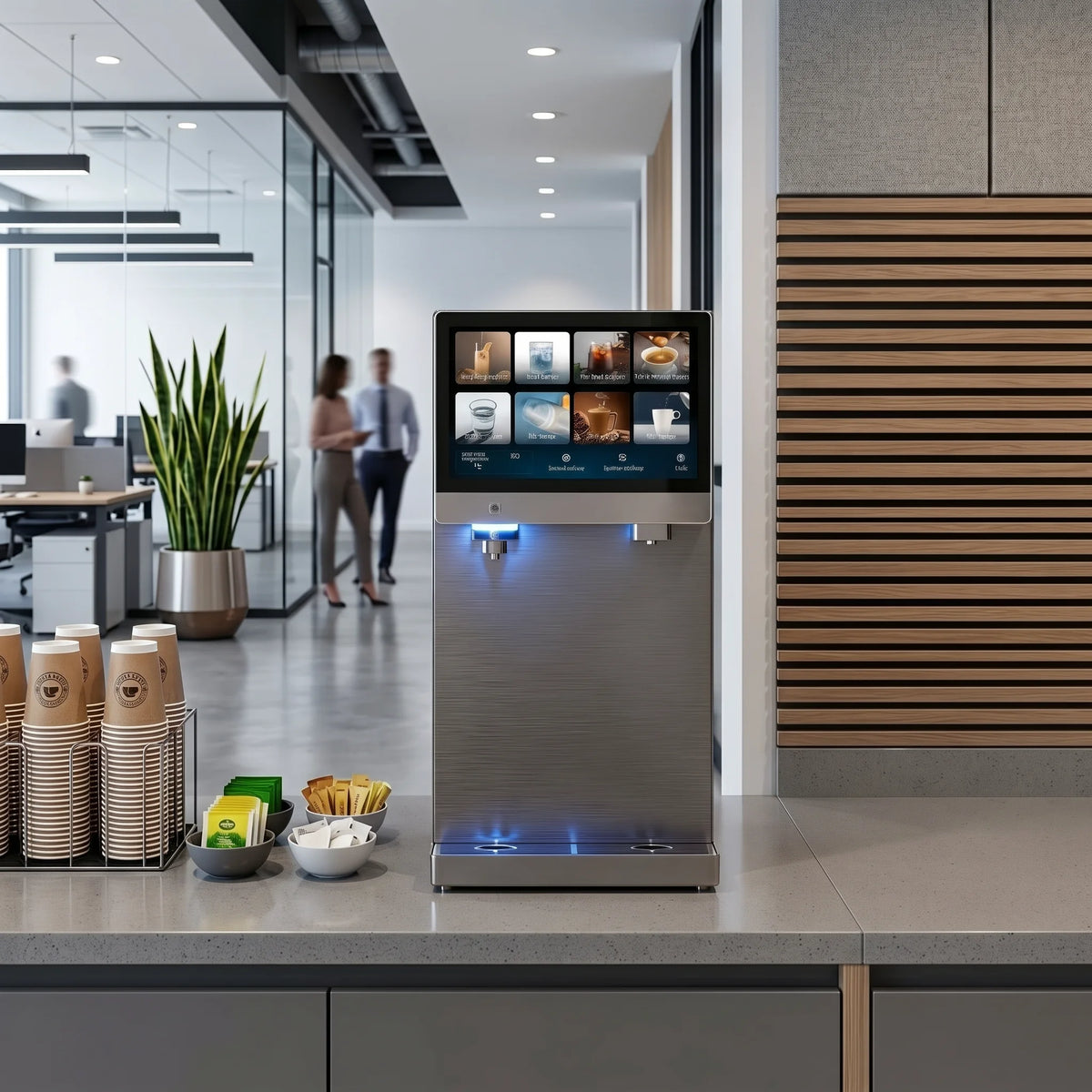 Distributeur à écran tactile posé sur un comptoir dans un espace de pause de bureau. Image