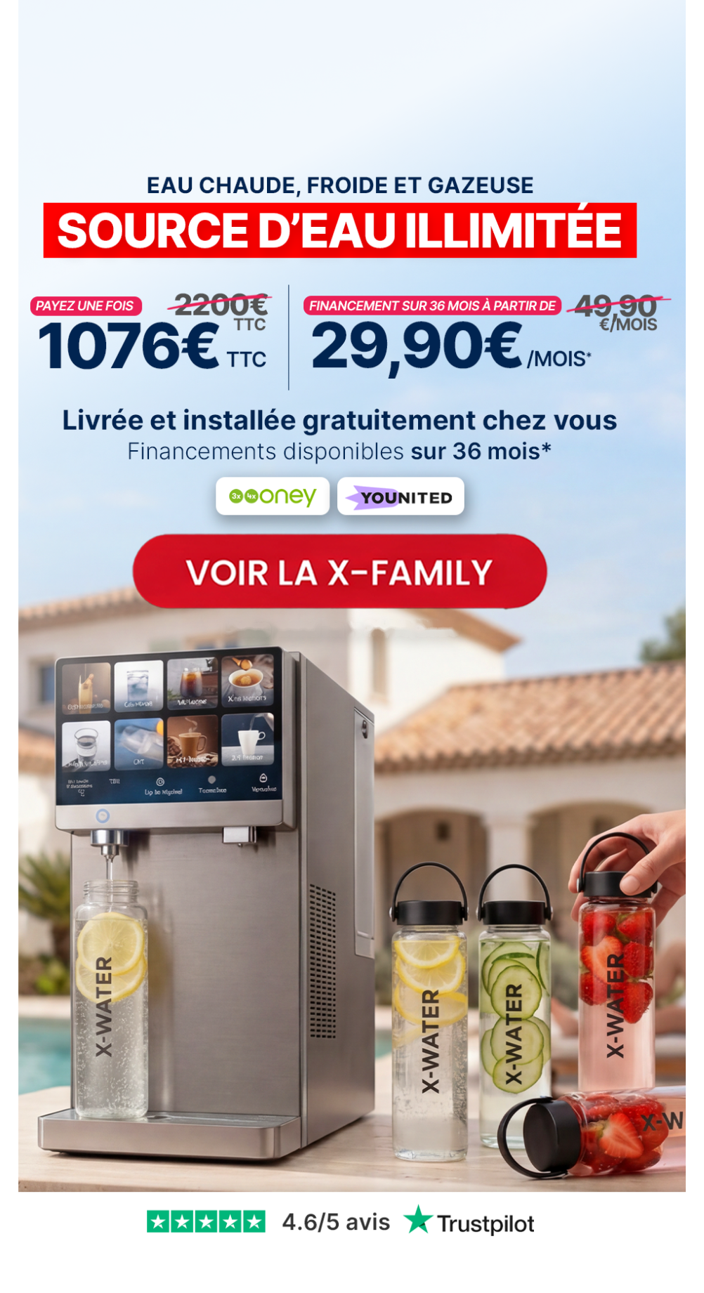 X-Water Family : source d'eau illimitée, 1 076 € ou 29,90 €/mois, 4.6/5 sur Trustpilot